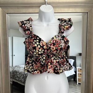 STUDIO F Cropped Top Floral Print Ruffle sleeves Size XXS